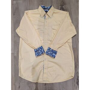 Walls Western Pearl Snap Shirt Mens Medium Yellow Blue Paisley Bob Moorehouse